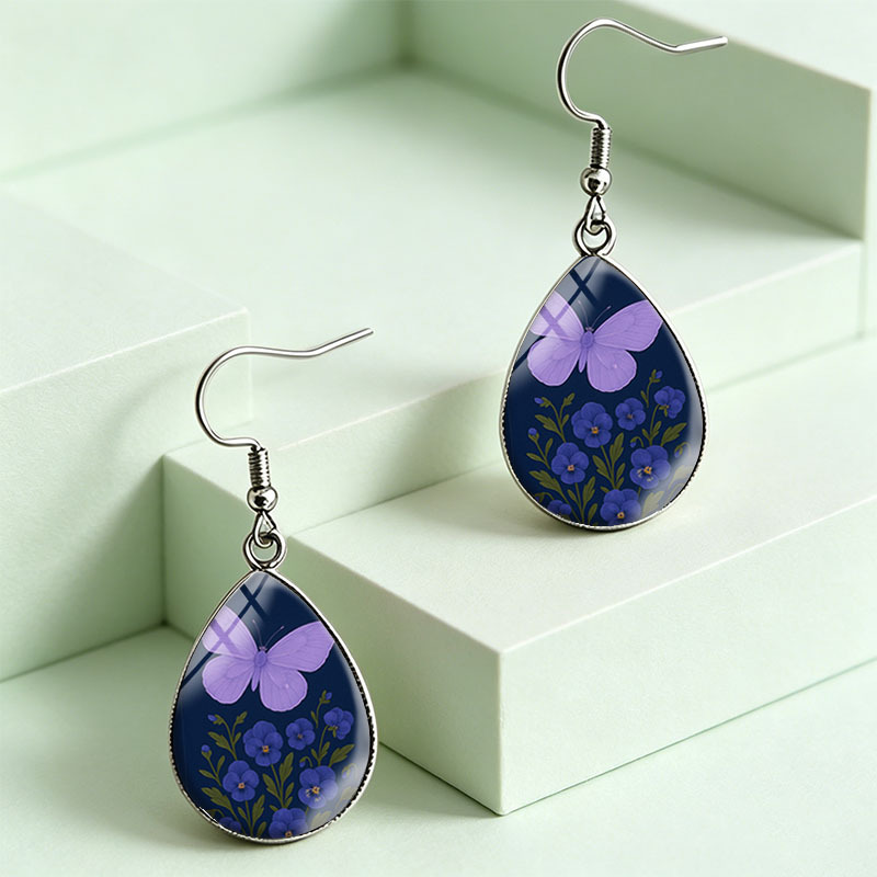 Light Purple Butterfly Pansy Teardrop Earrings, Handmade